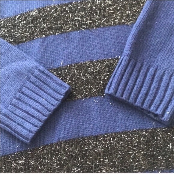 ANN TAYLOR Navy Black Stripe Cashmere Sweater Medium Tencel Holiday Christmas - Picture 3 of 6